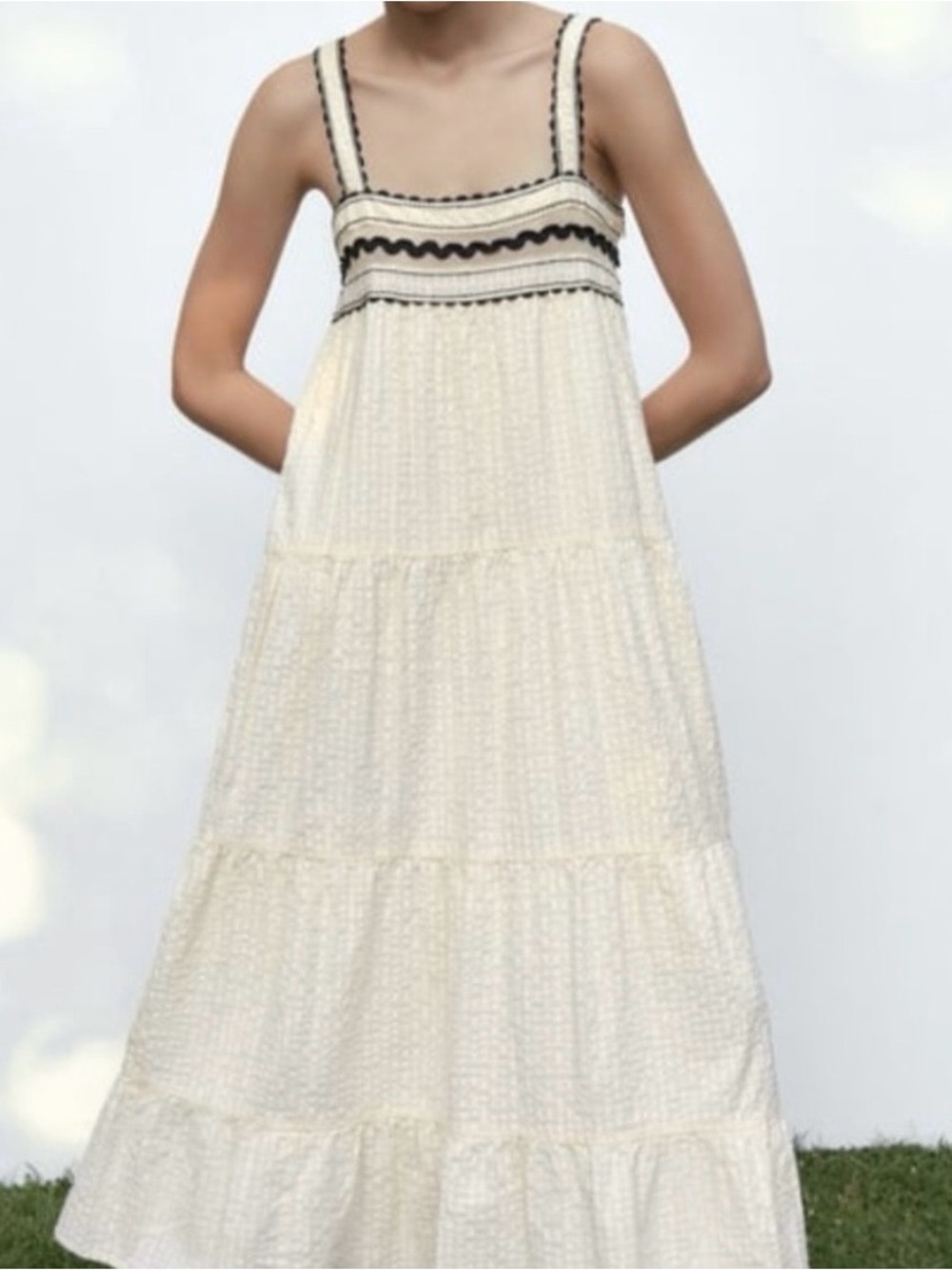 Zara Women’s Boho Cream & Black Midi Dress Size M Embroidered Cottagecore